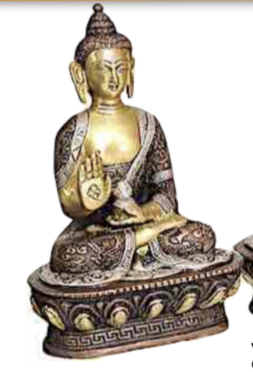 <p>Abhaya Mudra (fear not gesture). Conveys blessing and protection or refuge granted by the Buddha and his teachings.</p>