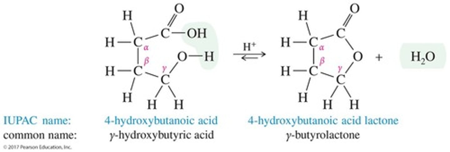 <p>Cyclic esters, named by adding 'lactone' to the end of the parent acid's name.</p>