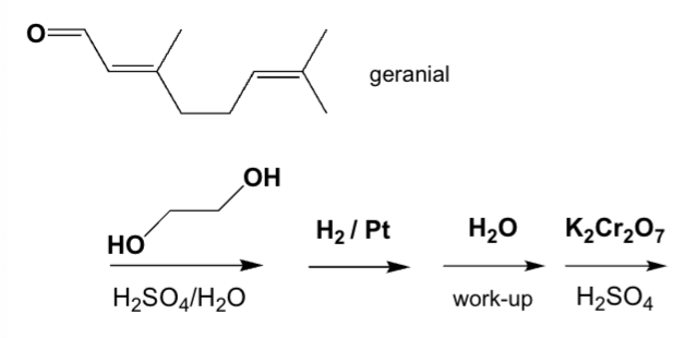 <p>Geranial reacts according to the following reaction sequence. Which product is formed?</p>