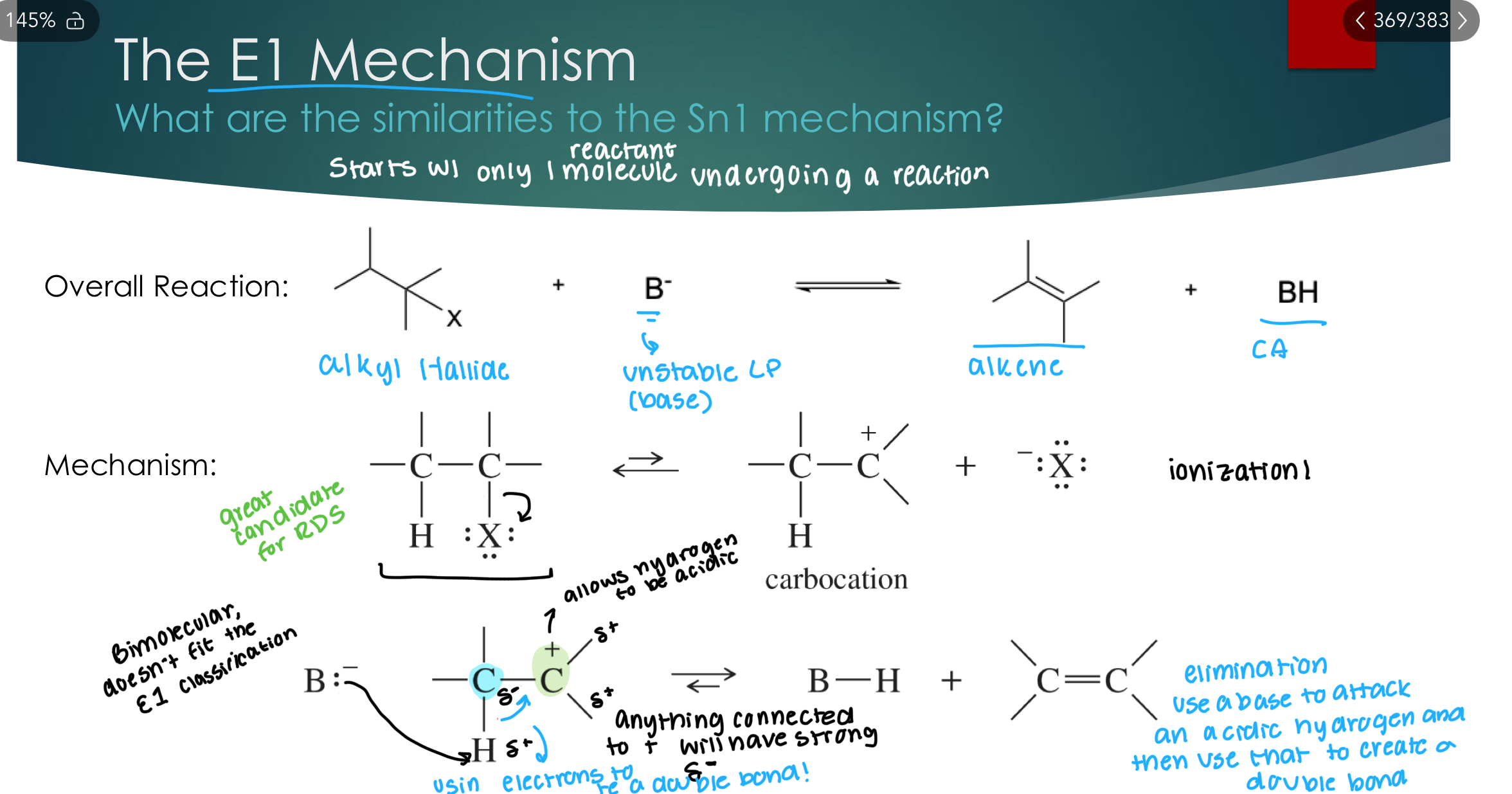 <p>Starts with a molecule undergoing a reaction.</p><p>Elimination uses a base to attack an acidic hydrogen and then uses that to create a double bond between the two carbons. </p><p></p><p><u>Kinetics of the E1</u></p><p>What is the RDS &amp; rate law? Step 1 (from carbonation) rate = k[Rx]&nbsp;</p><p> What kind of alkyl halides will be best for E1? Tertiary and secondary alkyl halides, as well as benzylic and allylic. All the exact same type of analysis as Sn1.&nbsp;</p><p> Does the base affect the rate? What kind of bases will be preferred for E1? No, not in RDS typically weak and used as a solvent</p><p> Best solvent? protic</p><p><strong>Sn1 and E1 occur together!! They will be considered equally major.&nbsp;</strong></p><p></p>