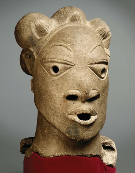 <p>Nok c. 500 BCE-200 CE; terracotta; one of the oldest surviving examples of Sub-Saharan art; could represent ordinary people dressed for special occasions or rulers/upper class; had holes to insert feathers; African art</p>