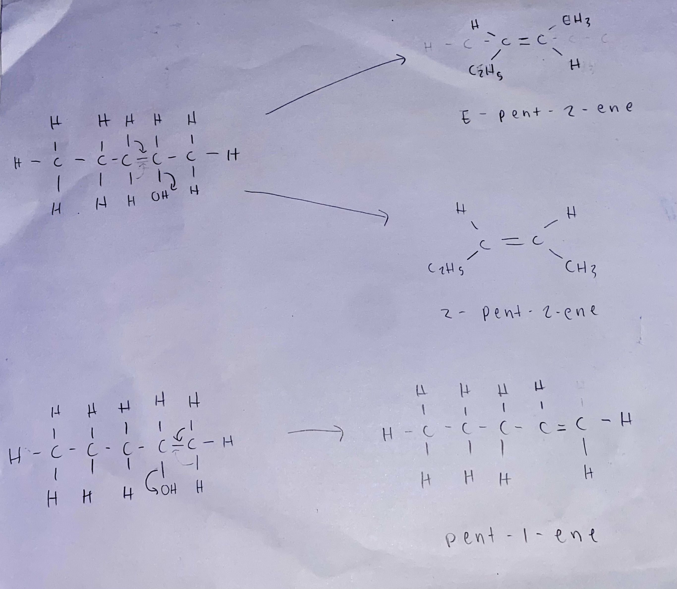 <ul><li><p>CH<sub>3</sub>CH<sub>2</sub>CH<sub>2</sub>CH=CH<sub>2</sub> (pentene)</p></li><li><p>minor product: E or Z isomers depending on conditions</p></li></ul><p></p>