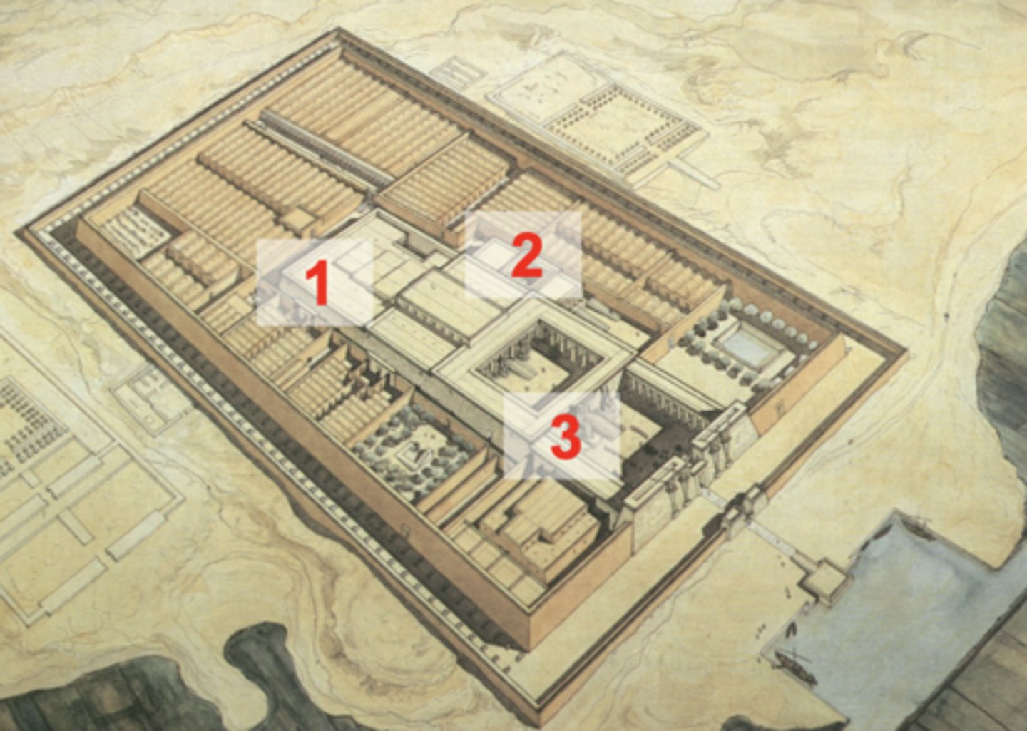 <p>- 3 main parts to new kingdom temples, tied to the story of creation (world = ocean and land started as a mound that rose from it)</p><p>- 1 = Sanctuary</p><p>Meant to represent ocean (nu)</p><p>2 = Hypostyle hall: really big space filled with columns</p><p>Meant to represent first march where life first began</p><p>Columns are really big and there are inscriptions going up the entire columns</p><p>Inscriptions directed towards the gods, not meant for human eyes</p><p>Most columns would have been painted</p><p>Column tops look like lotus flowers, columns are plant-shaped</p><p>3 = One or more open courtyards</p><p>Area of the temple that would have been accessible to a larger number of people</p><p>No roof</p><p>Pylon = monumental facade with two towers that slope inwards, type of gateway</p><p>Built form of a hieroglyph, which is a drawing of the horizon, or the sun rising between two mountains</p><p>Had scenes of the kings sitting in front of the Gods or images of the kings smiting</p><p>Main body of the temple is built of stone, but the rest is built of mudbrick (storehouses for grain, slaughterhouses, houses for priests)</p><p>Temple performed different functions)</p>