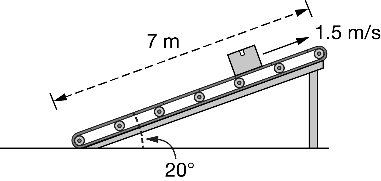 A conveyor belt ramp of length 7m7m is inclined at 20°20° with respect to the horizontal and is used to move objects from one location to another location. When an object is placed on the conveyor belt, the object travels up the incline with a constant speed of 1.5 ms1.5 ms . A motor is used to keep the conveyor belt moving. The mass of the objects that are placed on the conveyor belt are varied.

For the system that only includes the object, which of the following claims best describes what happens to the mechanical energy of the system while the object is moving from the bottom of the ramp to the top of the ramp?