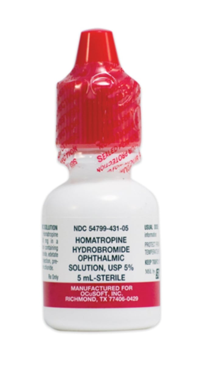 <p>cholinergic antagonist = pupil dilation, accom paresis (same as atropine but less strong)</p>