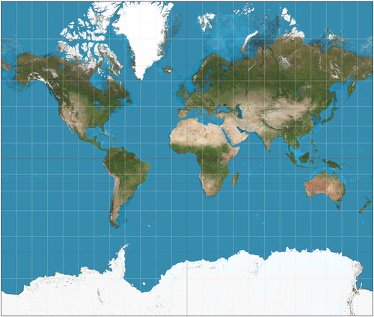 <p>A true conformal cylindrical map projection, the Mercator projection is particularly useful for navigation because it maintains accurate direction. Mercator projections are famous for their distortion in area that makes landmasses at the poles appear oversized.</p>