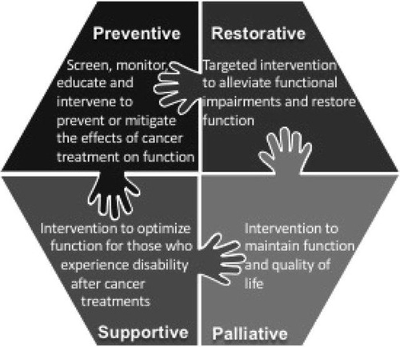 <p>preventative, restorative, supportive, palliative</p>