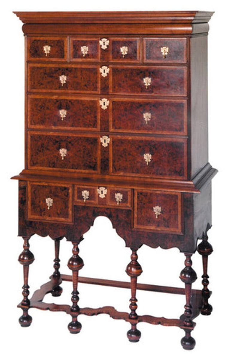 <p>chest of 4-5 drawers supported by table</p><p>inverted bell</p><p>trumpet leg</p><p>drop pulls</p><p>flat stretcher</p><p>front stretcher reflects front apron</p><p>book-matched veneer</p>