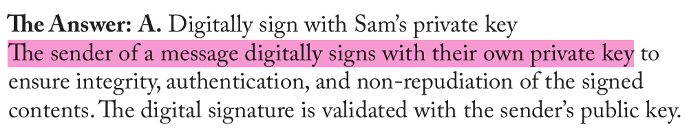 <p>Digitally sign with Sam’s private key</p>