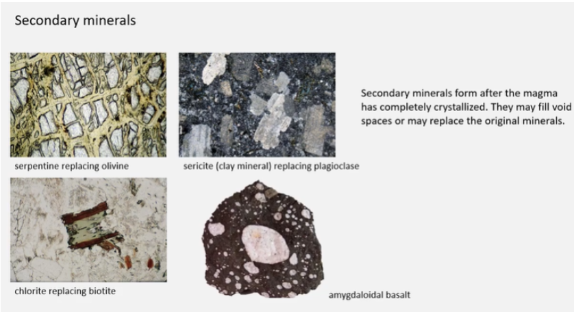 <p>Primary - crystals formed directly from magma/lava</p>
