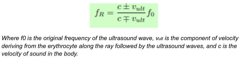 <p>When ambulance is still and it generates a siren sound the sound propagates equally all aorund it, but when ambulance begins to move the sound becomes clustered in the front of the ambulance and expands near the back, hence the pitch chnages at the different locations— this can also be applied to red blood cells reflecting US waves moving thru the bloodstream, the velocity of these RBCs can be calculated by using the frequency of the reflected wave.. hence the equation in the image below can be used:</p><p></p>