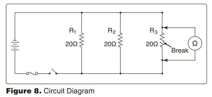 <p>8027. (Refer to Figure 8.) With an ohmmeter connected into the circuit as shown, what will the ohmmeter read? </p><p>A—20 ohms. </p><p>B—Infinite resistance. </p><p>C—10 ohms</p>