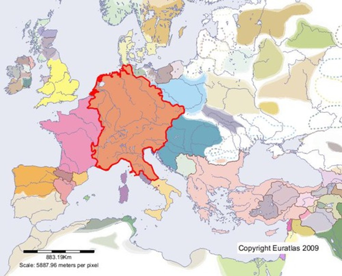 <p>a. Empire<br>b. Much of modern-day Germany<br>c. This "empire" was neither "holy" nor "Roman." Instead, it was a collection of German-speaking states that were joined together in a loose confederation led by an elected emperor.</p>