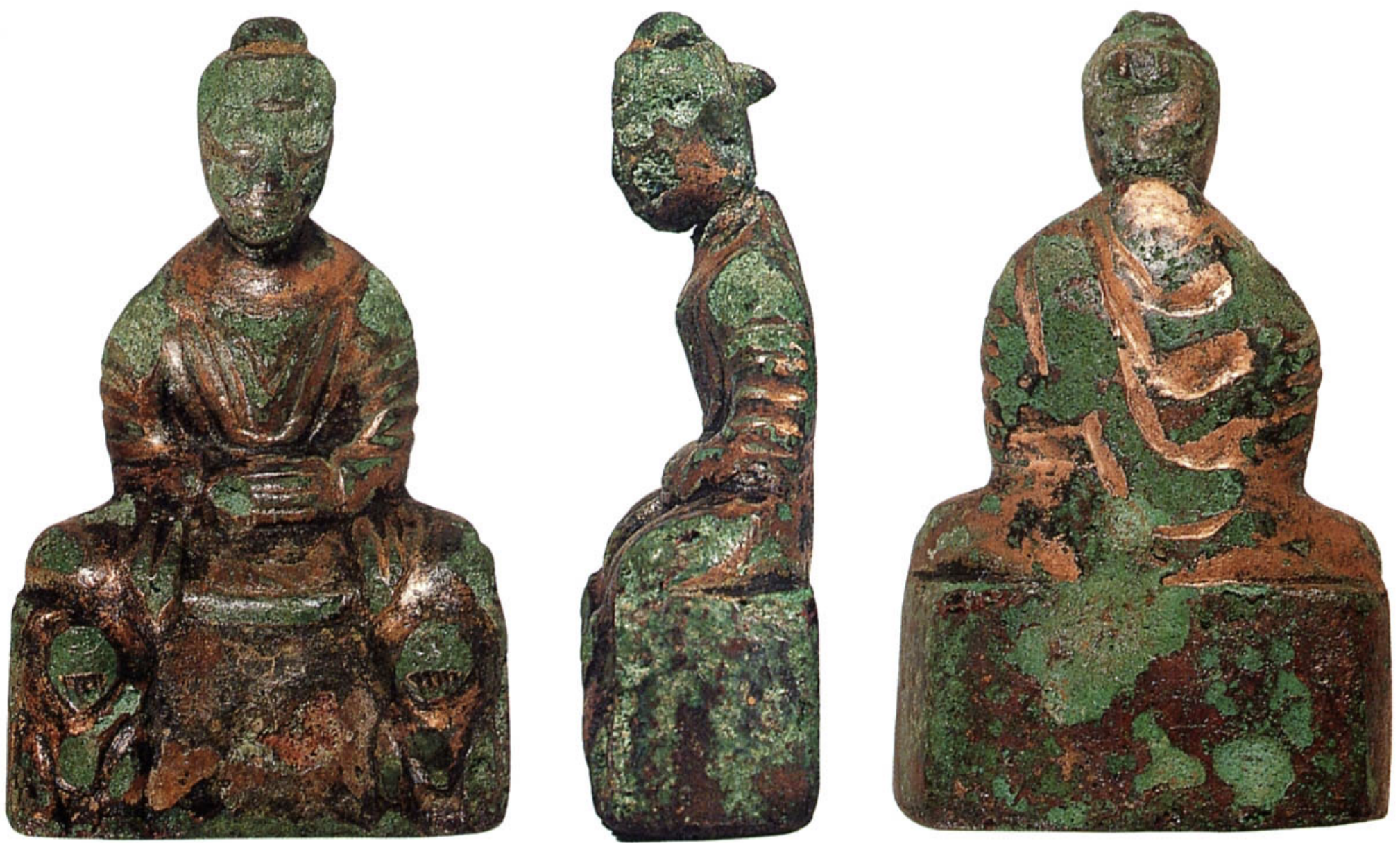 <p>Time: 5th Century<br>Found: Goguryeo or Baekje Kingdom; Ttuksom, Seoul (뚝섬, 서울)</p><p>shows a meditating Buddha with hands in a meditative pose; often depicted with elaborate clothing and a serene expression, symbolizing his enlightenment and the calm of meditation; more Gandhara Style than Mathura Style. </p>