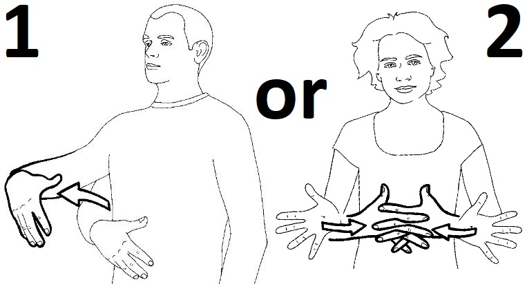 <p>(1) Pull your open hand away from your belly (2) With open hands at your side, bring them together at your belly and interlace your fingers</p>