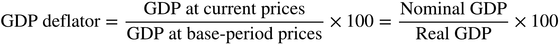 <p>GPD Deflator = Nominal GDP (GDP at Current Prices) / Real GDP (GDP at Base-Period Prices) X 100</p>