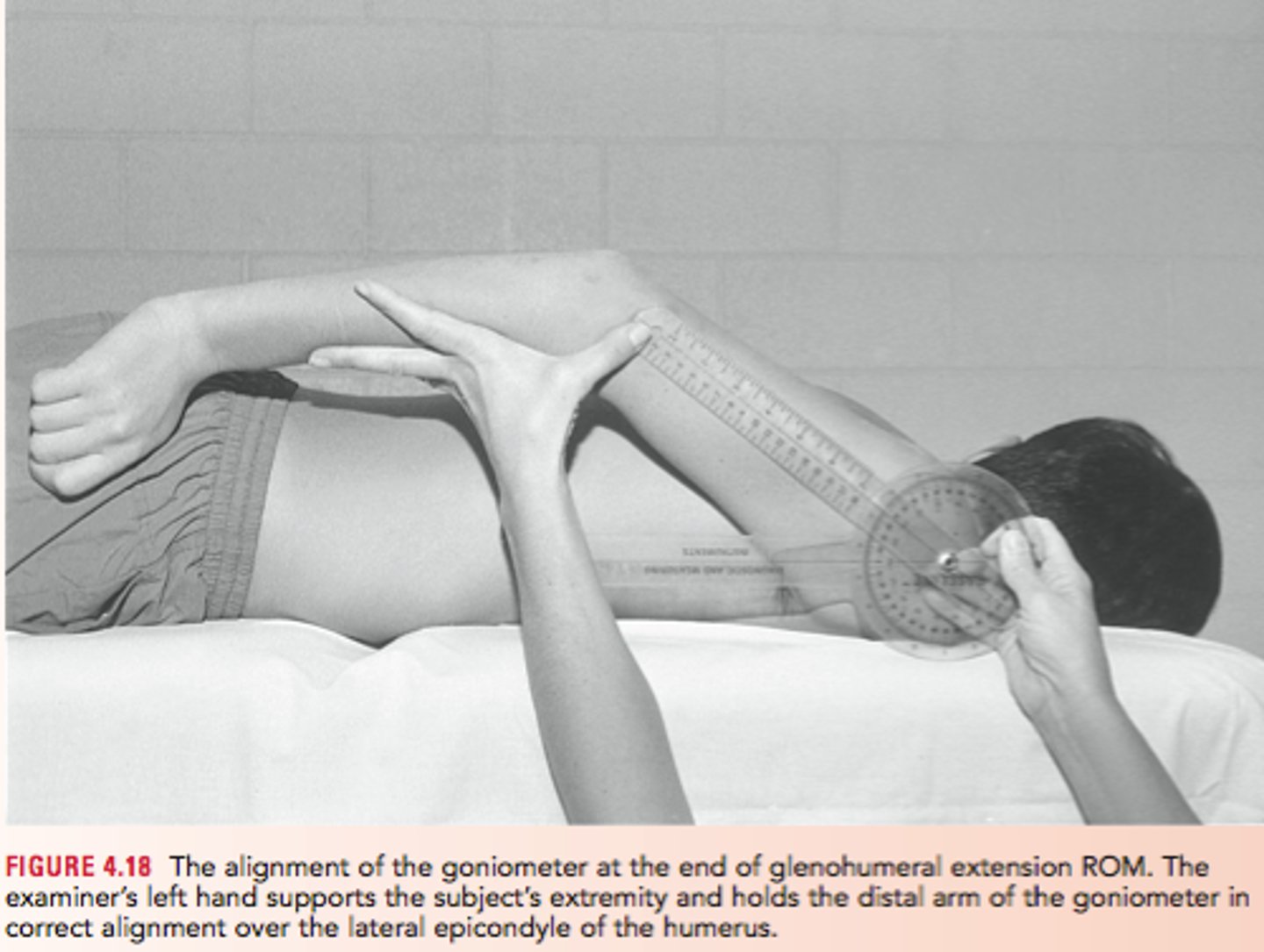 <p>fulcrum: lateral greater tuberosity<br>proximal: parallel to midaxillary line of thorax<br>distal: lateral midline of humerus<br><br>* prone; palm facing body<br>* normal value: 60</p>