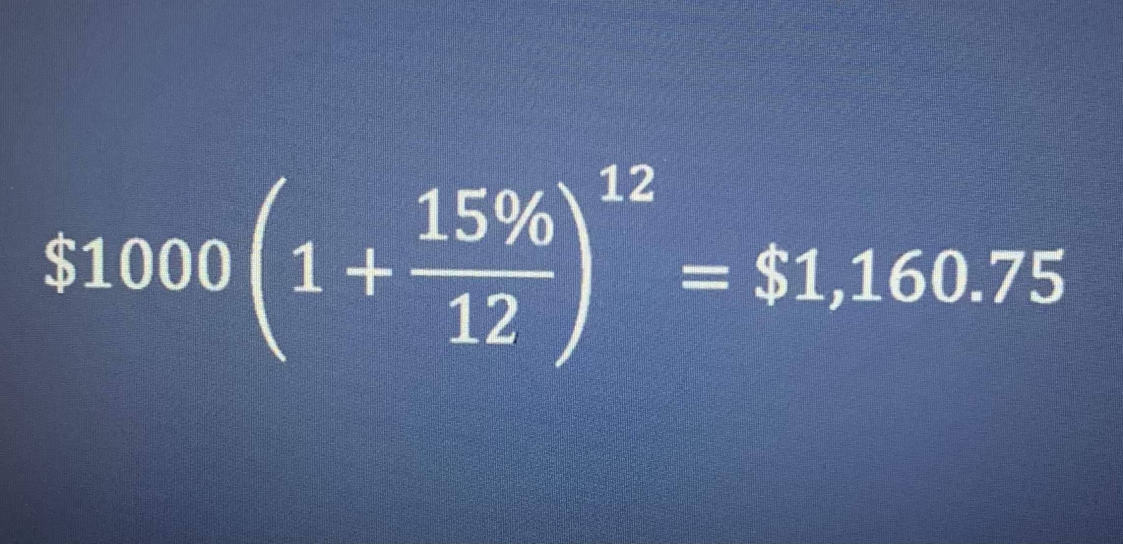 <p>Compounding and investment m times per year for T years with stated interest rate r provide provides the end of year wealth</p>