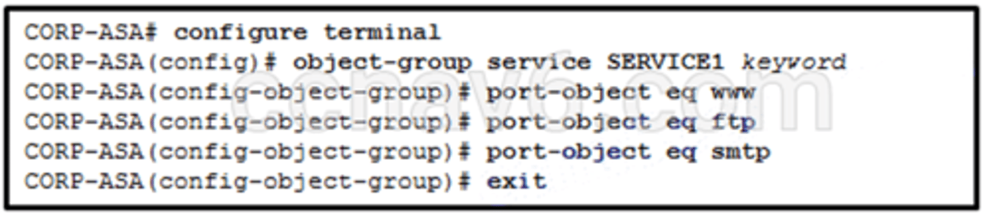<p>Refer to the exhibit. A network administrator is configuring an object group on an ASA device. Which configuration keyword should be used after the object group name SERVICE1?</p>