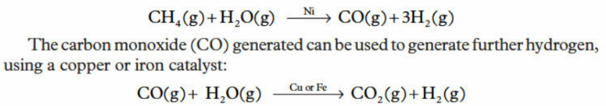 <ul><li><p>ex) natural gas, oil, coal </p></li><li><p>process of steam reforming → steam reacts with fossil fuel at high temperatures in presence of nickel catalyst </p></li></ul><p></p><p></p>