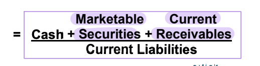 <p>also measures ability to pay short term debt but excludes less liquid current assets</p>
