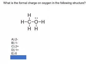 <p>Formal charge = Valence e- minus non-bonding e- + 1/2 bonding e-</p>