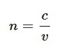 <p><span>A measure of how much a medium can slow down light waves. The ratio of the speed of light in a vacuum to the speed of light in the medium.</span></p><ul><li><p>n = the refractive index of the mediu</p></li><li><p>c = speed of light in vacuum (3.00 × 10^8 meters per second)</p></li><li><p>v = speed of light in the medium in meters per second</p></li></ul><p>greater the refractive index of a medium the more it slows light and the more it is bent. ranges from 1 in a vacuum to over 2 in a diamond.</p><p></p>