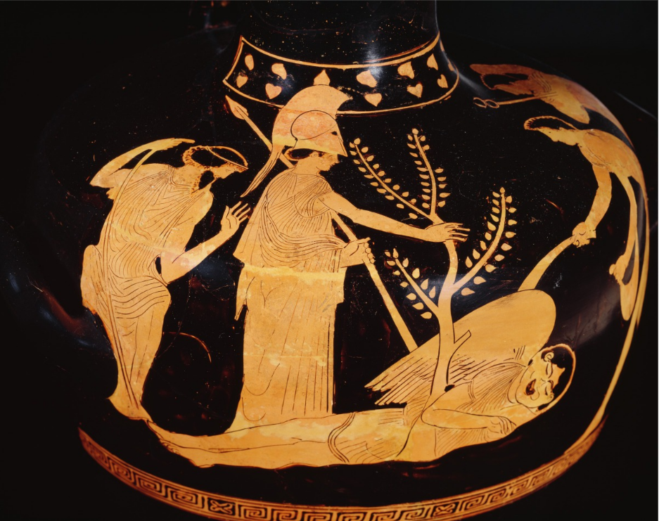 <p><span>A </span><em><span>hydria</span></em><span> (water jug)&nbsp;</span></p><p><u><span>Showing</span></u><span>: Medusa sleeping in the middle, Perseus about to kill her off to the right, and Athena to the left</span></p>