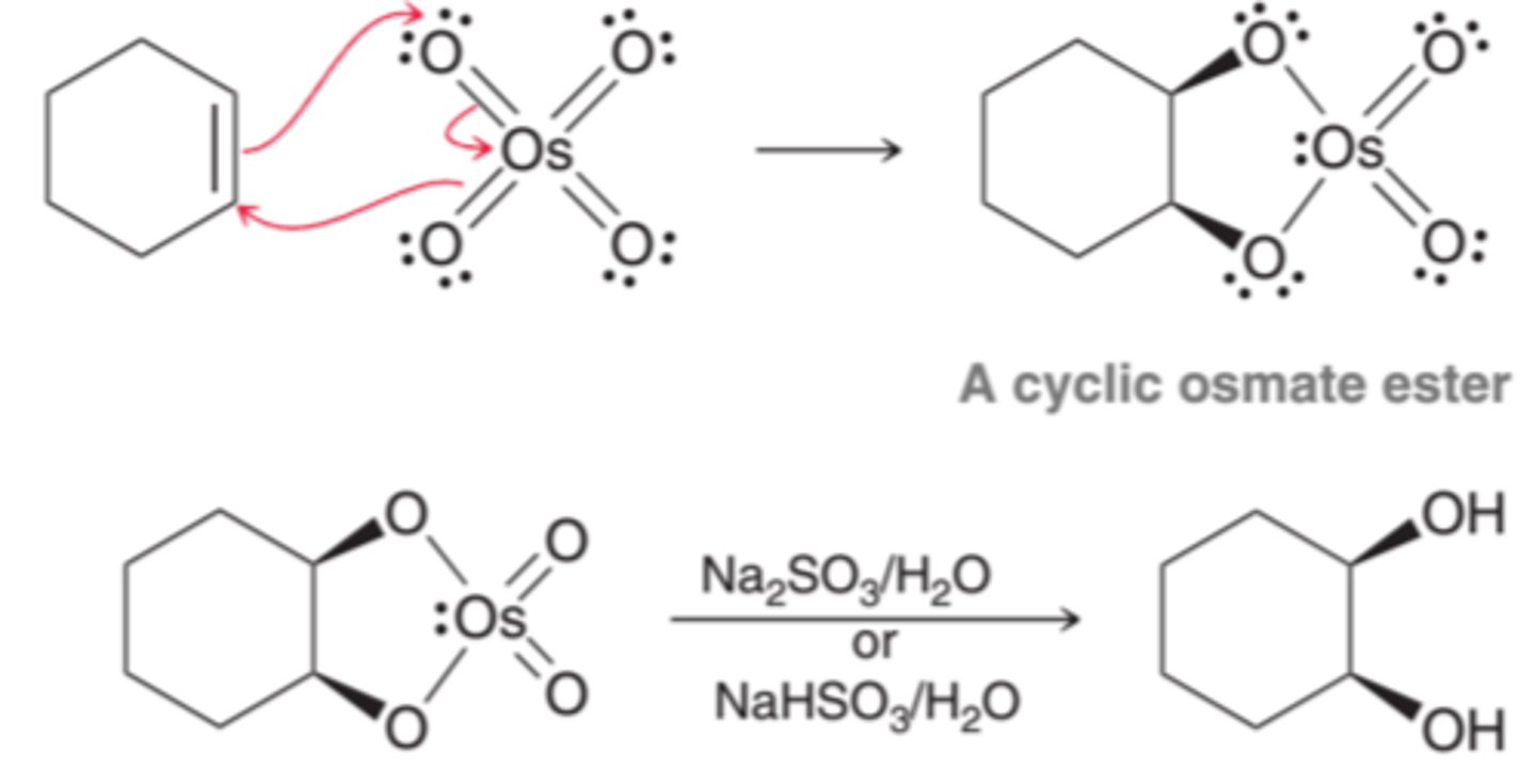 <p>When an alkene is treated with osmium tetroxide(OsO4), a cyclic ester is produced. Osmium tetroxide adds across the alkene in a concerted process, so both oxygen atoms attack tot he alkene simultaneously. This effectively adds two groups across the same face of the alkene producing syn addition. The cyclic osmate ester that results can be isolated and then treated with either aqueous sodium sulfite(Na2SO3) or sodium bisulfite(NaHSO3) to produce a diol</p>
