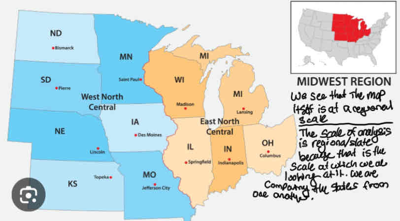 <p>At what level are you analyzing the data (what appears to be different and what are you comparing to one another). Can be described as local(state), regional, national, and global</p>