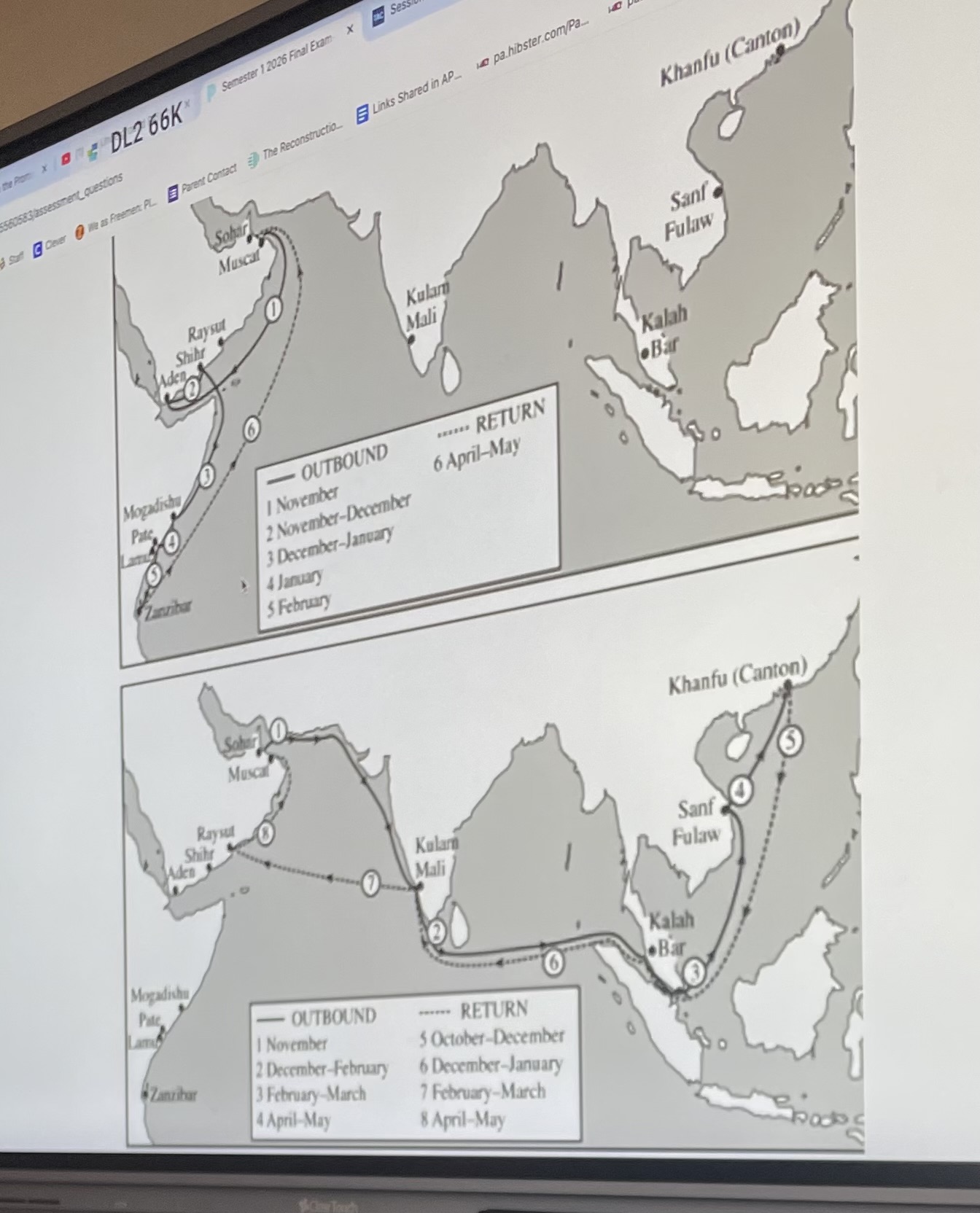 <p>TYPICAL SAILING ROUTES AND SCHEDULES OF MERCHANTS TRAVELING TO EAST AFRICA AND FROM MUSCAT, CIRCA 1400 CE</p><ol start="34"><li><p>The particular routes and timings of the voyages depicted on the maps best reflect which of the following characteristics of Omani merchants?</p></li></ol><p></p>