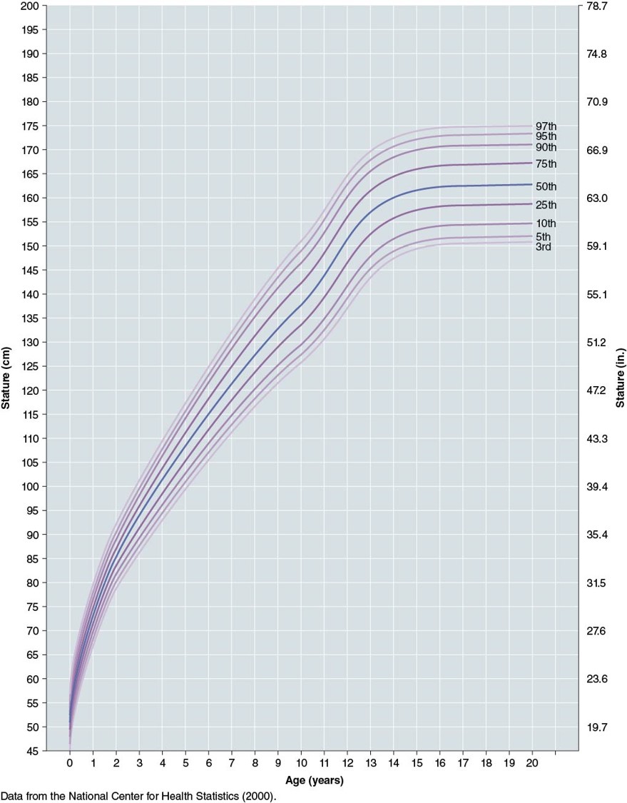 <ul><li><p><mark data-color="purple">Peak Height Velocity</mark>: 11.5-12 yr</p></li><li><p>Growth:</p><ul><li><p>tapers off ~14 yrs</p></li><li><p>ends ~ 16 yrs</p></li></ul></li><li><p>Height Curve for girls 0-20 years old</p><ul><li><p>Note the 2 steep slopes first: </p><ul><li><p><mark data-color="blue">~0-1 yr</mark></p></li><li><p><mark data-color="blue">~10-12 yr</mark></p></li></ul></li><li><p>This shows:</p><ul><li><p><mark data-color="green">Universality (general shape of the curve)</mark></p></li><li><p><mark data-color="green">Variability (percentiles: aka timing and steepness of segments of the curve are specific to the individual)</mark></p></li></ul></li></ul></li></ul>