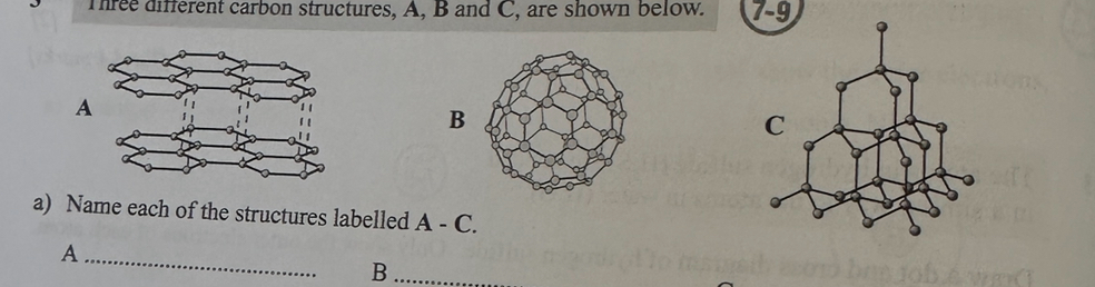 <p>Three different carbon structures, A, B and C, are shown below.</p><p>a) Name each of the structures labelled A - C. (3)</p><p>b) Explain how the bonding in structures A and C affects their electrical conductivity and hardness. (4)</p><p>c) A and B both sublime. Explain why a sample of B would sublime at a lower temperature than A. (3)</p>