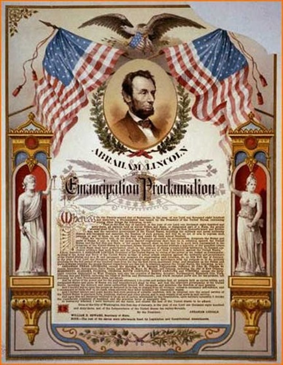 <p>1863. Declared all slaves in rebelling states to be free but did not affect slavery in non-rebelling Border States. The Proclamation closed the door on possible compromise with the South and encouraged thousands of Southern slaves to flee to Union lines.</p>