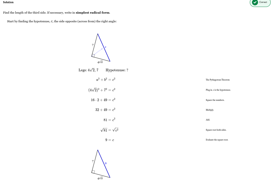 <p>hypotenuse = 9</p>