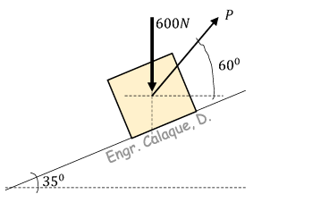 <p>Situation 01: The static and kinetic coefficient of friction between the block and the plane are 0.25 and 0.20, respectively.</p><p></p><p>6. Smallest value of P to keep the block from moving down.</p><p>a) 276.370N</p><p>b) 106.780N</p><p>c) 374.694N</p><p>d) 177.455N</p>