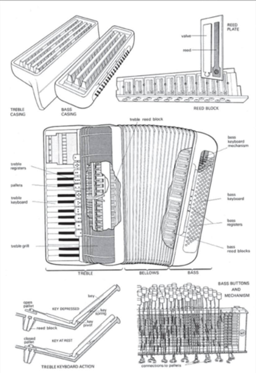 <p>Bellows with a headboard on each side. Both headboards have multiple holes containing "free reeds"</p>