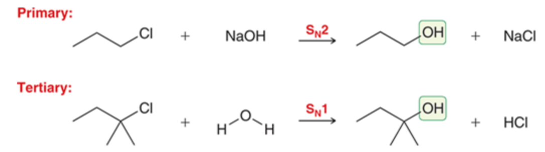 <p>Primary needs sn2 and a strong nucleophile while tertiary needs sn1 and a weak nucleophile</p><p>secondary alcohols cannot be prepared with sn1 as it would be too slow and it cannot use sn2 as it will favor elimination so substitution wont occur</p>