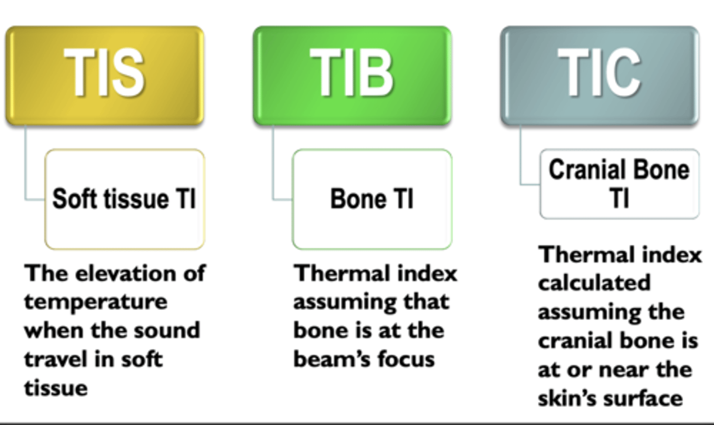 <p>Thermal index for soft tissue- when the beam travels through soft tissue and not bone, bone- focus is at or near bone, cranial- scanning with transducer near bone</p>