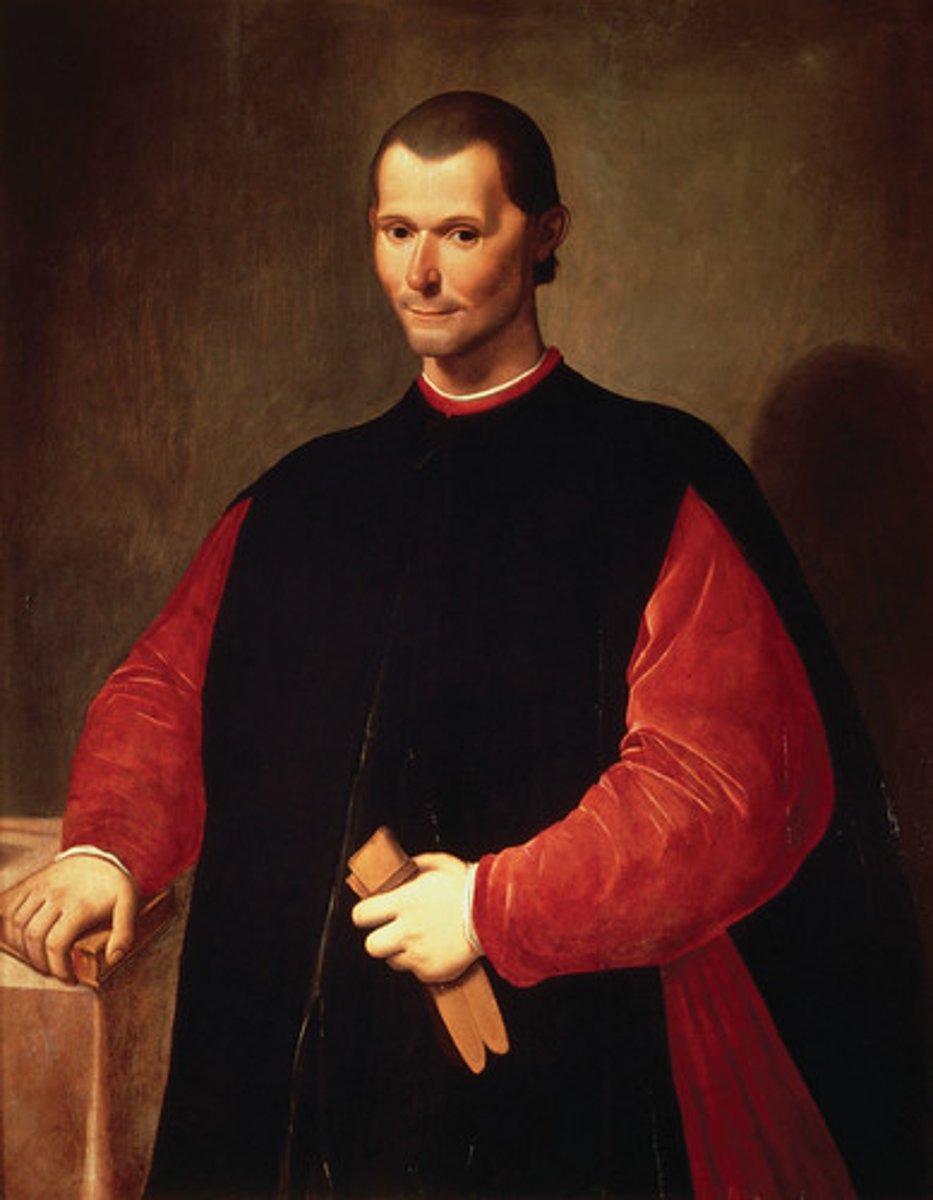 <p>a Renaissance political philosopher who wrote "The Prince"; believed that people are ungrateful and untrustworthy; he urged rulers to study war, avoid unnecessary kindness, and always base policy upon the principle that the end justifies the means; one of the earliest Civic Humanists</p>