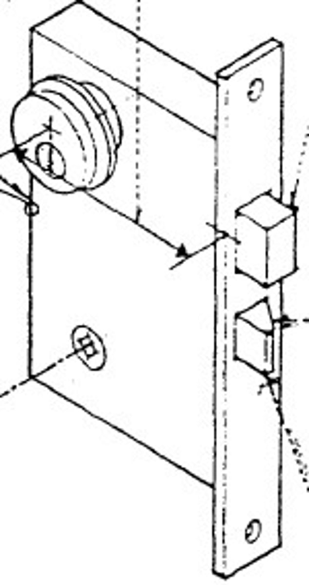 <p>A lock housed within a mortise cut into a door edge so that the lock mechanism is covered on both sides</p>