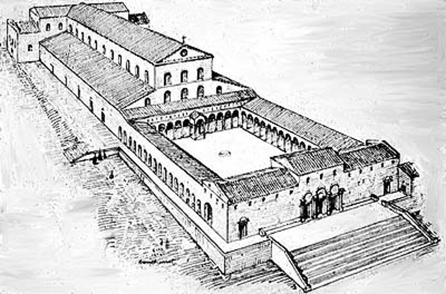 <p>A huge marble government building in ancient Rome, later adapted as a Christian church</p>