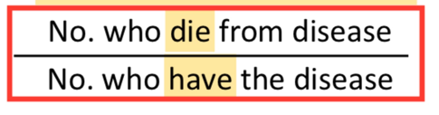 <p>•Determines severity of the outbreak</p><p>•Represents number of fatal cases divided by the number of cases</p>