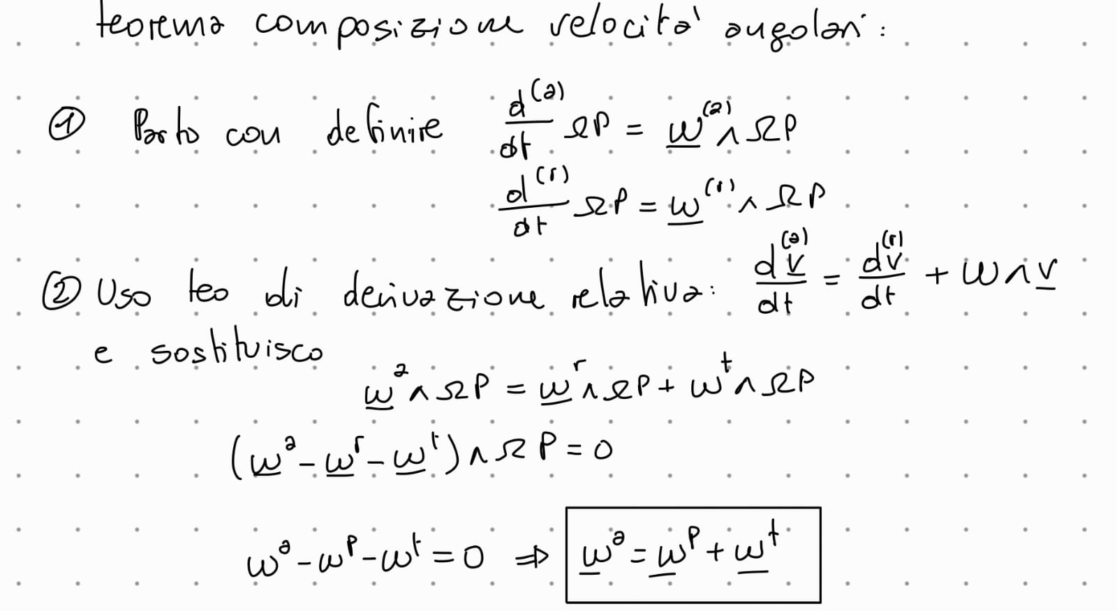 <p>dove: <strong>ω<sup>(t)</sup></strong><sup> </sup> è la velocità angolare di trascinamento, cioè la velocità angolare che il corpo rigido avrebbe se nellistante fosse solidale con il sistema di riferimento relativo</p>