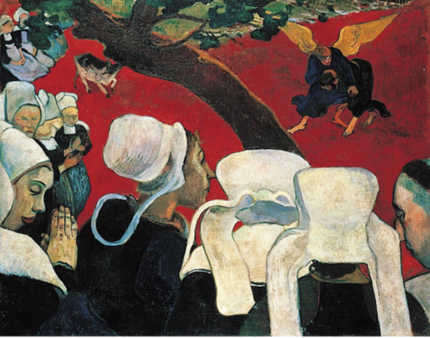 <p>oil on canvas, National Gallery of Scotland, Edinburgh</p><p>tree in forefront influenced by Japanese prints with flatness and that type of tree</p><p>a “throwback” to woman in very modest culture </p><p>characters are flattened and but off</p><p>Jacob Wrestling with the angel is what the sermon was on </p><p>landscape is red</p><p>!use elements from nature but re make them in your mind to have symbolic and psychological meaning, believed the same of the human form being flattened </p>