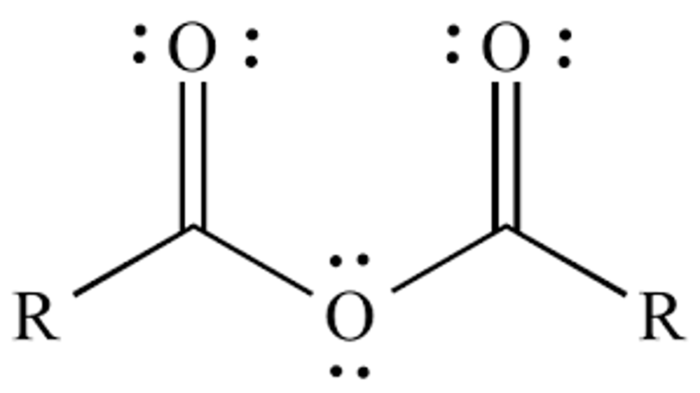 <p>carboxylic acid derivative</p><p>forms when two carboxylic acid molecules combine and one water molecule is removed</p>
