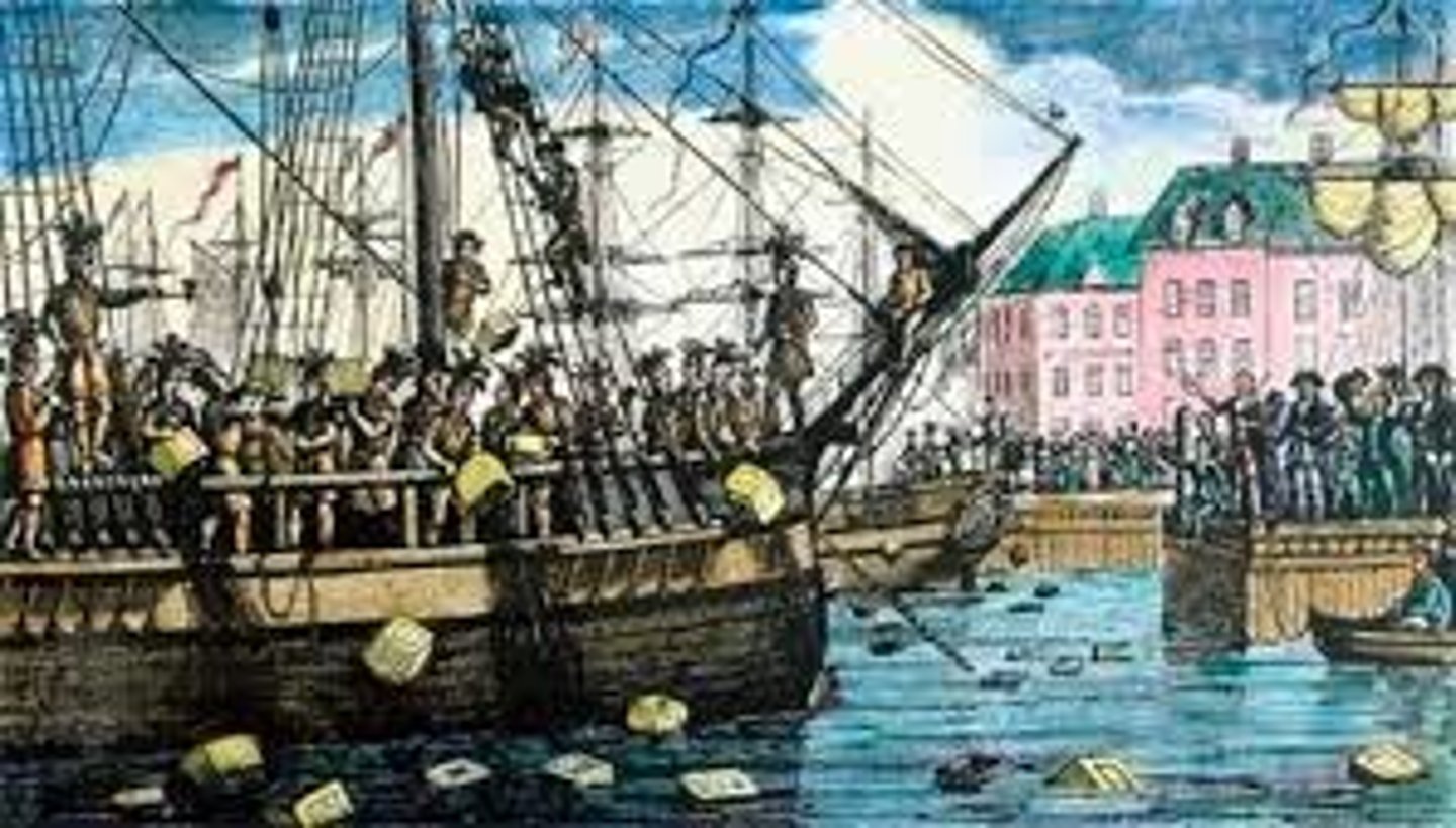 <p>(1773) Colonists in Boston throws millions of dollars of tea off of British ships in protest of their Tea Tax and Boston Massacre.</p>