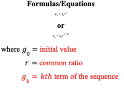 <p>common ratio/constant proportional change</p><p>behave like exponential functions, except they’re not continous</p><p>increaisng geometric sequences increase by a larger amount each step (% increase always stays the same)</p>