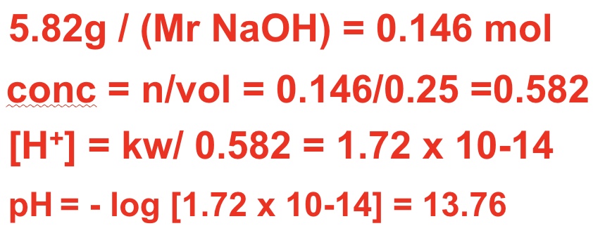 <ul><li><p>find moles </p></li><li><p>use moles/volume to calculate concentration of solution + so [OH⁻]</p></li><li><p>find [H⁺]</p></li><li><p>find pH </p></li></ul><p></p>