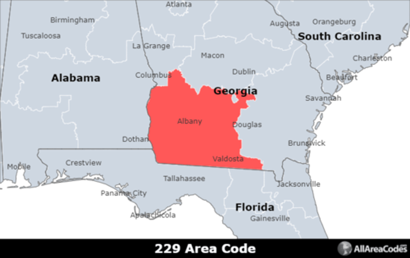 <p>Area code 229 is located in southwestern Georgia and covers Albany, Valdosta, and Thomasville. It is the only area code that serves the area.</p>